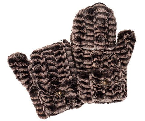 Women’s Product shot of Mittens. Gauntlets, Mitts | 8mm in sepia faux fur, brown | Handmade by Pandemonium Millinery Seattle, WA USA