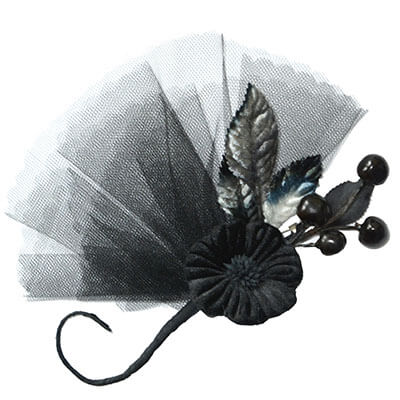 Velvet Flower Brooch with Tulle and Berries in Black &amp; Silver | Assembled in Seattle WA | Pandemonium Millinery