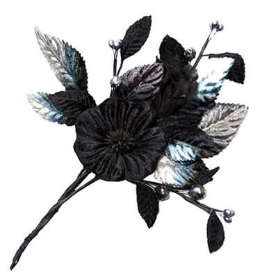 Black Velvet Flower Brooch with Black & Silver Berries and Leaves | Assembled in Seattle WA | Pandemonium Millinery