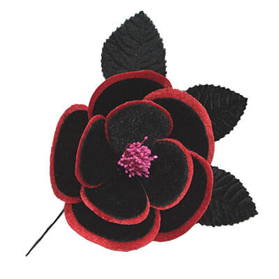 Velvet Luster Flower Brooch in Black and Red | Pandemonium Millinery