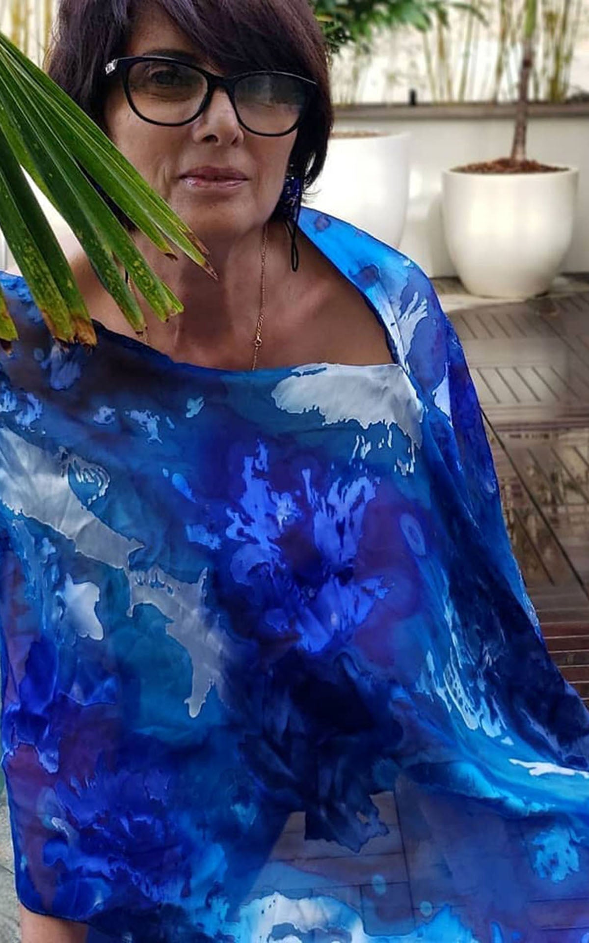 Garden Path Poncho in Blue Star on Model | Handmade in Seattle WA | Pandemonium Millinery