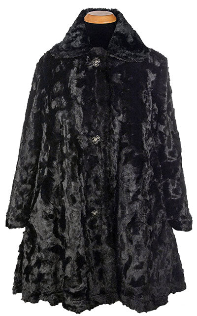 Pandemonium Millinery Garland Swing Coat - Cuddly Faux Fur in Black , Solid Cuddly Black Faux Fur - Solid Outerwear