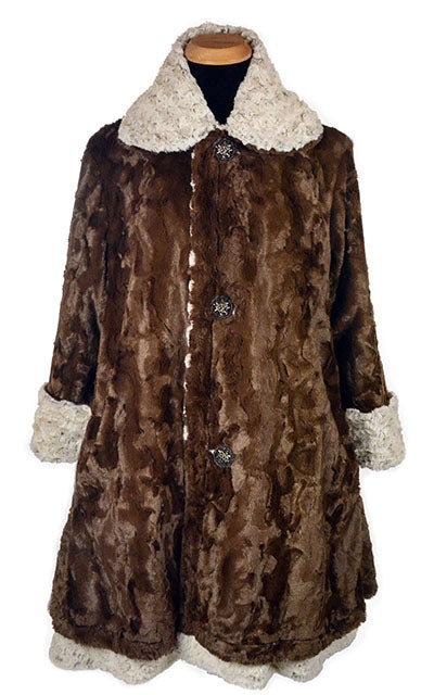 Garland Swing Coat shown in reverse - Brown Faux Fur and cuddly Chocolate handmade in Seattle WA by Pandemonium Millinery