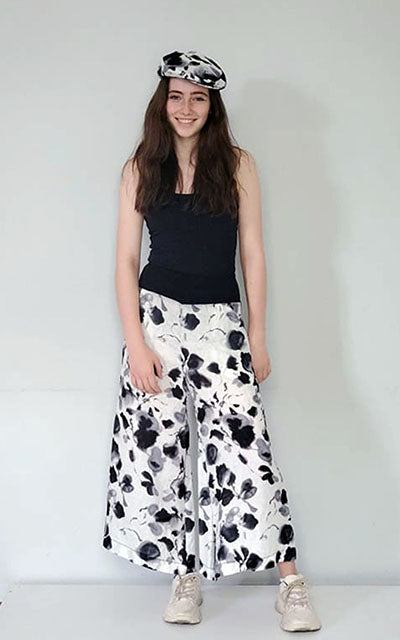 Gaucho Pants Model Shot | Linen in Black White Floral | Handmade in Seattle WA USA | Leigh Young Collection
