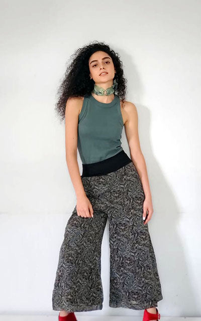 Gaucho Pants Model Shot | Peacock Paisley with Wide Black Band | Handmade in Seattle WA USA | Leigh Young Collection