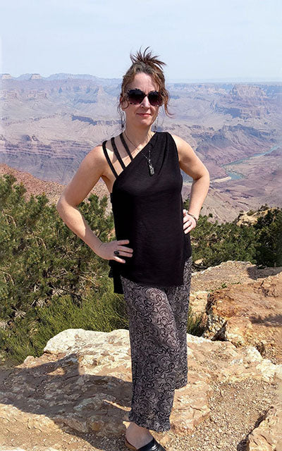 Gaucho Pants Model Shot | Peacock Paisley Chiffon with Wide Black Band | Handmade in Seattle WA USA | Leigh Young Collection