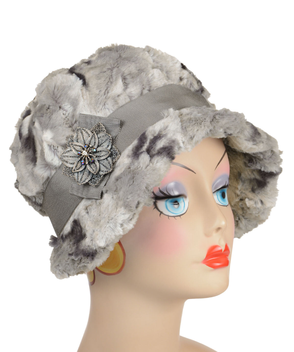Grace Cloche Hat | White Water Luxury Faux Fur with Metal Flower Brooch| Handmade in the USA by Pandemonium Seattle