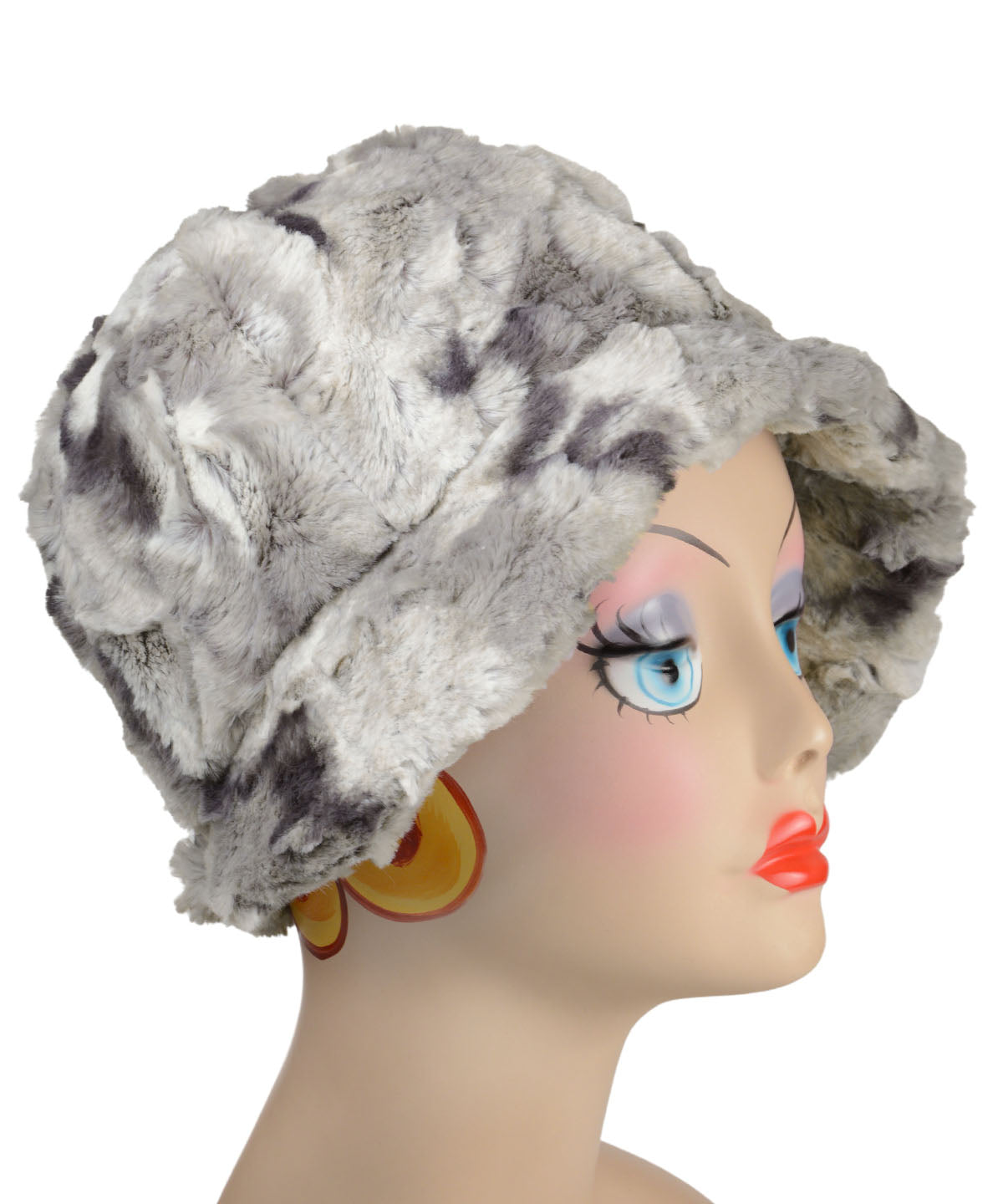 Grace Cloche Hat | Rainier Sky Luxury Faux Fur with Grosgrain Medallion | Handmade in the USA by Pandemonium Seattle