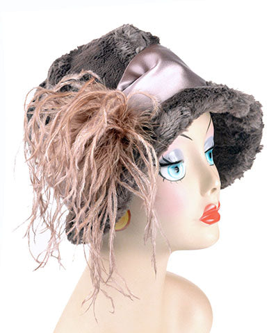 Close up of Woman wearing Grace Cloche Hat in Gray Cuddly Faux Fur with Champagne Satin Sash and Rhinestone Flower Feather Brooch | Handmade in Seattle WA | Pandemonium Millinery