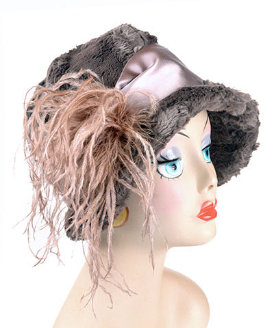 Grace Cloche Hat in Gray Cuddly Faux Fur with Champagne Satin Sash and Ostrich Feather Brooch | Handmade in Seattle WA | Pandemonium Millinery