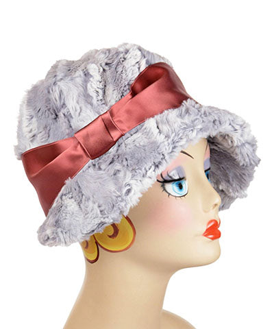 Grace Cloche hat shown in Winter River with  Sash Satin Rouge Pink by Pandemonium Seattle. Handmade in Seattle WA USA.