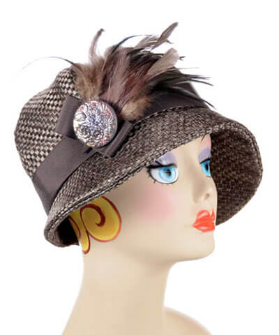 Women&#39;s Grace Cloche Hat in Interconnected Java with Feather Trim | Pandemonium Millinery
