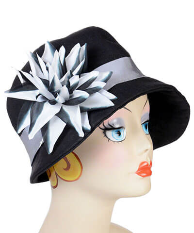 Flower Trim Starburst in Black and White on Black Linen Hat | Pandemonium Millinery