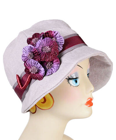 Women&#39;s Velvet Flower Brooch in Plum Lilac with Satin Ribbon on Linen Cloche Hat | Assembled in Seattle WA | Pandemonium Millinery
