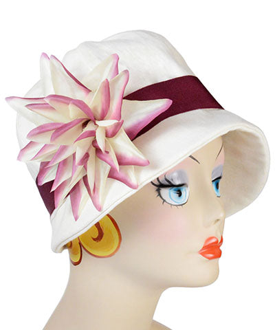 Flower Trim Starburst in Plum and Beige on Linen Cloche Hat | Pandemonium Millinery