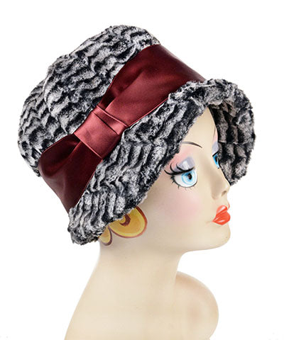 Grace Cloche Hat in 8mm Black White Luxury Faux Fur with Burgundy Satin Sash | Handmade in Seattle WA | Pandemonium Millinery