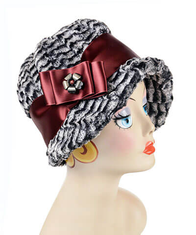 Women's Bow Brooch in Burgundy Satin with Flower Button | Handmade in Seattle WA | Pandemonium Millinery