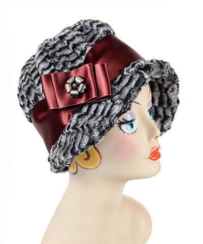 Grace Cloche Hat in 8mm Black White Luxury Faux Fur with Burgundy Satin Bow and Sash | Handmade in Seattle WA | Pandemonium Millinery
