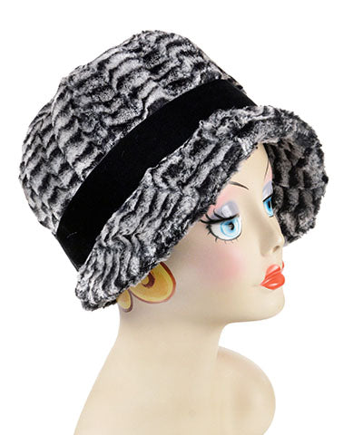 Grace Cloche Hat in 8mm Black White Luxury Faux Fur with Black Velvet Band | Handmade in Seattle WA | Pandemonium Millinery