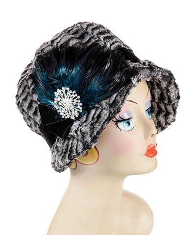 Grace Cloche Hat in 8mm Black White Luxury Faux Fur with Black Velvet Band and Feather Brooch | Handmade in Seattle WA | Pandemonium Millinery