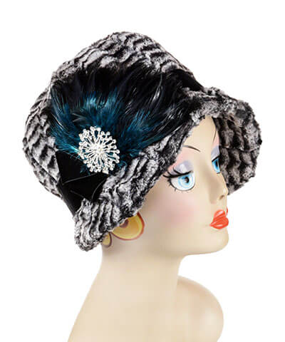 Women's Black Teal Feather Brooch with Rhinestone Brooch on Grace Hat | Handmade in Seattle WA | Pandemonium Millinery