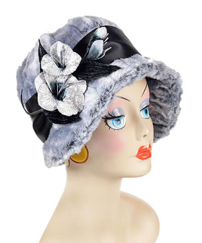 Velvet Flower Brooch in Gray and Black on Grace Cloche Hat | Pandemonium Millinery