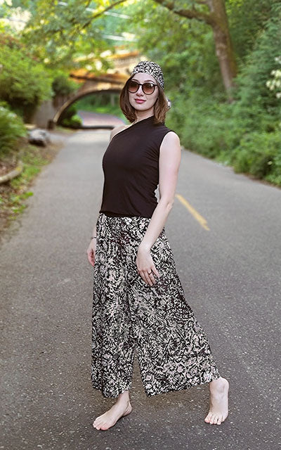 Model wearing Palazzo Pants | Coral Garden Silk | Leigh Young Collection Handmade in Seattle WA
