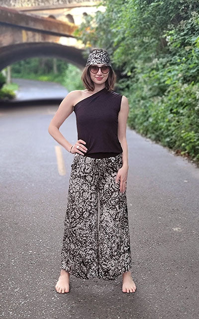 Model wearing Palazzo Pants Front View | Coral Garden Silk | Leigh Young Collection Handmade in Seattle WA