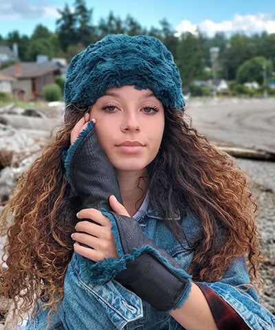 Reversible Fingerless Gloves | Vegan Leather Outback in Black Cuddly Black Faux Fur | Pandemonium Millinery