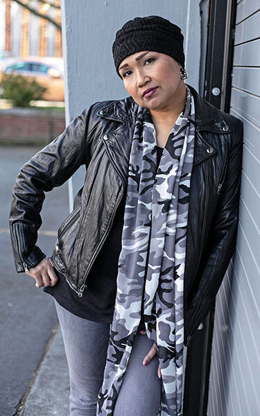 Woman modeling Handkerchief Scarf in Black Ops camoflauge  print in black, gray and ivory