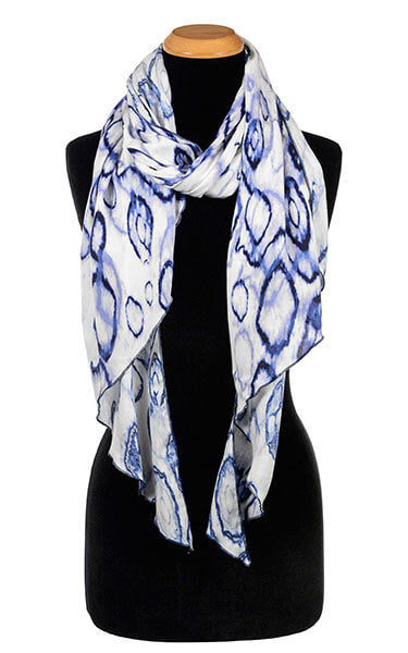 Ladies Large Handkerchief Scarf, Wrap on mannequin | Crystal Raindrops in Blue , rings pattern Blue and off-white | Handmade in Seattle WA | Pandemonium Millinery