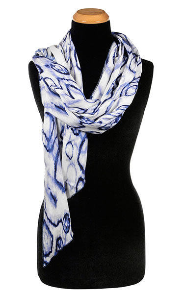 Ladies Large Handkerchief Scarf, Wrap on mannequin off the shoulder | Crystal Raindrops in Blue , rings pattern Blue and off-white | Handmade in Seattle WA | Pandemonium Millinery