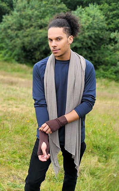 Man modeling Fingerless Gloves in Terra Mid