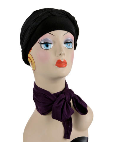 Mannequin Product shot of Head Wrap, Multi-Style | Jersey knit Purple Haze | Handmade by Pandemonium Millinery Seattle, WA USA