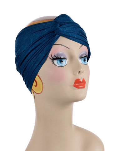 Mannequin Product shot of Head Wrap, Multi-Style | Jersey knit Blue Moon | Handmade by Pandemonium Millinery Seattle, WA USA