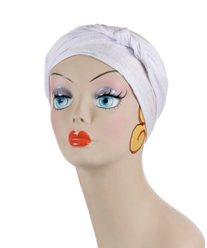Mannequin Product shot of Head Wrap, Multi-Style | Jersey knit Milky Way, white ivory | Handmade by Pandemonium Millinery Seattle, WA USA