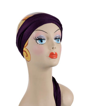 Mannequin Product shot of Head Wrap, Multi-Style | Jersey knit Purple Haze | Handmade by Pandemonium Millinery Seattle, WA USA