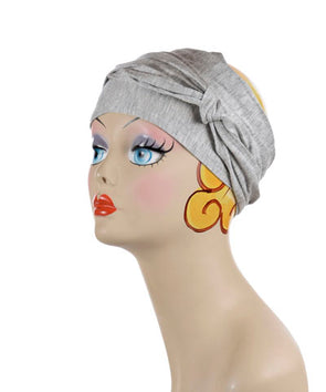 Mannequin Product shot of Head Wrap, Multi-Style | Jersey knit Silvery Moon gray | Handmade by Pandemonium Millinery Seattle, WA USA