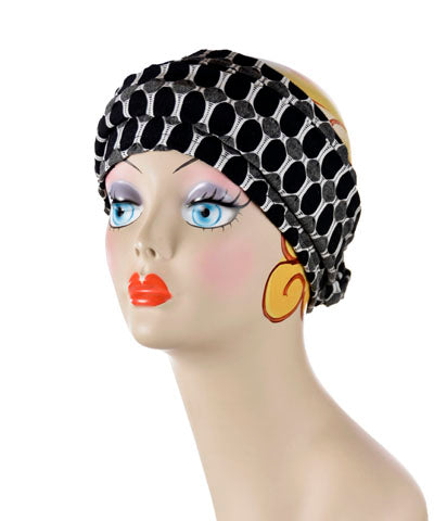 Mannequin Product shot of Head Wrap, Multi-Style | Solar Eclipes Black, White and Gray | | Handmade by Pandemonium Millinery Seattle, WA USA