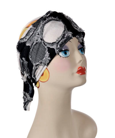 Model wearing of Head Wrap, Multi-Style | Solar Eclipse and Super Nova Black, Whie and Gray | Handmade by Pandemonium Millinery Seattle, WA USA