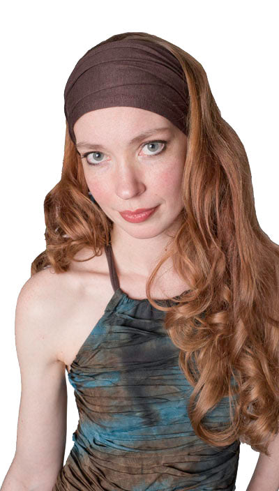 Model wearing of Head Wrap, Multi-Style | Jersey knit Chocolate | Handmade by Pandemonium Millinery Seattle, WA USA