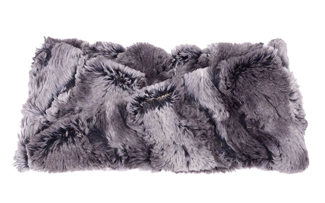 Product shot of Headband, Ear and Neck Warmer with feather brooch | Muddy Waters, grays and blacks Faux Fur | Handmade by Pandemonium Millinery Seattle, WA USA