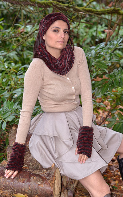 Reversible Fingerless Gloves with Accessories Model Shot | Luxury Faux Fur in Desert Sand Crimson | Pandemonium Millinery