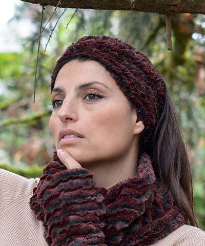 Woman wearing a Neck Warmer and matching Headband | Desert Sand in Crimson Faux Fur | Handmade in the USA by Pandemonium Seattle