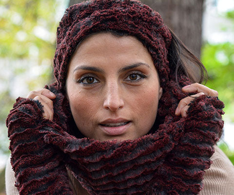Reversible Fingerless Gloves with Accessories Close Up Model Shot | Luxury Faux Fur in Desert Sand Crimson | Pandemonium Millinery