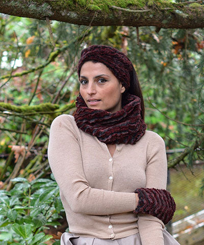 Model outside wearing Headband and matching scarf and gloves | Desert Sand in Crimson, Black and Red Faux Fur | Handmade by Pandemonium Millinery Seattle, WA USA