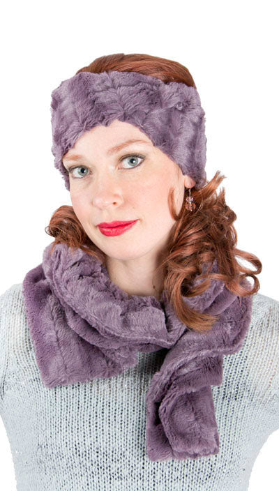 Headband with Twist with Scarf | Luxury Faux Fur in Minky Mauve | Pandemonium Millinery handmade in Seattle WA USA