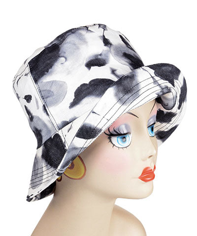 Hollie Bucket Hat in Black/White Floral Linen with flipped brim | Handmade in Seattle WA | Pandemonium Millinery