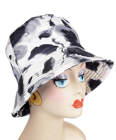 Hollie Bucket Hat in Black/White Floral Linen with flipped brim | Handmade in Seattle WA | Pandemonium Millinery