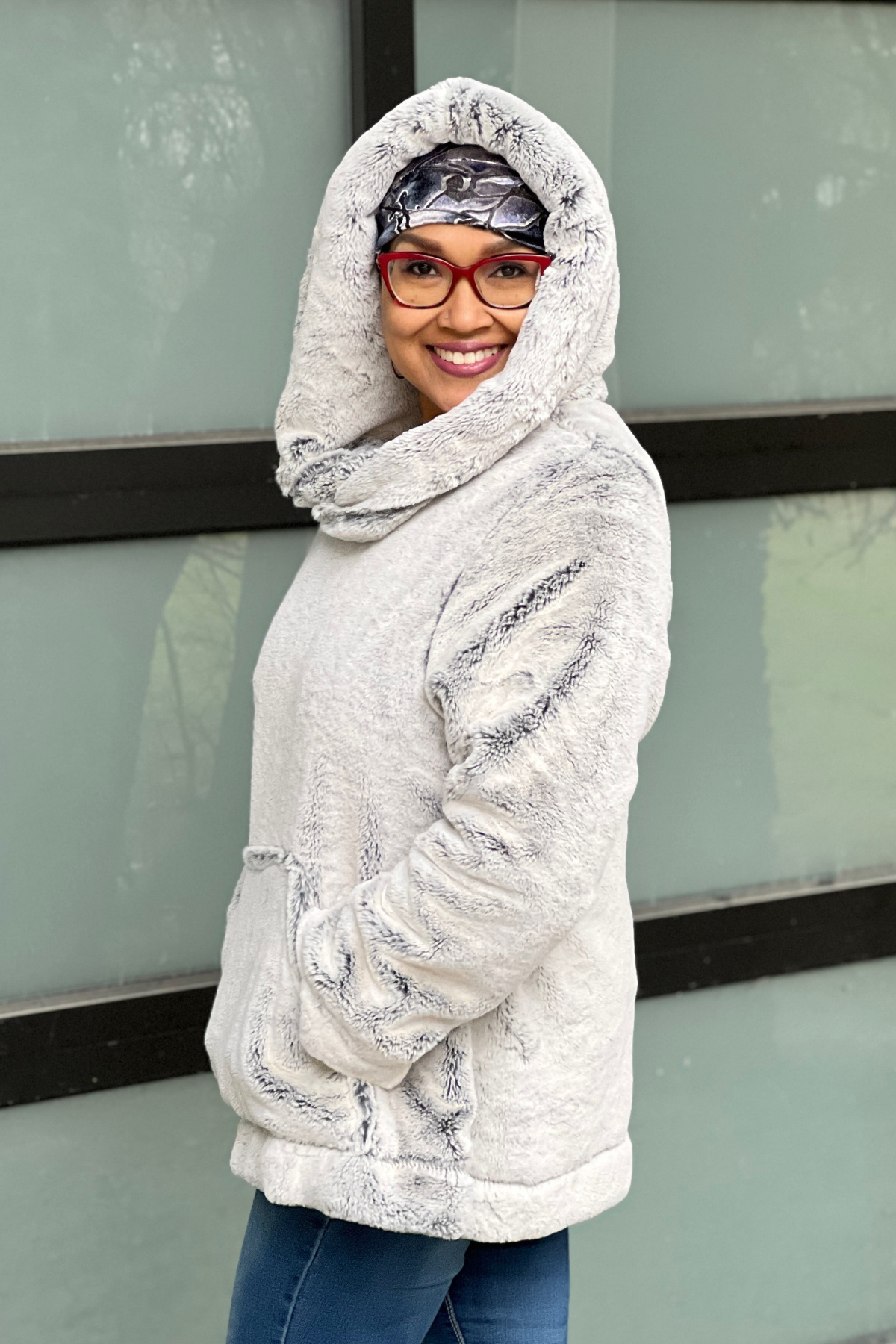Hooded Lounger with Hood up | Frosted Juniper Faux Fur | Handmade in the USA by Pandemonium Seattle
